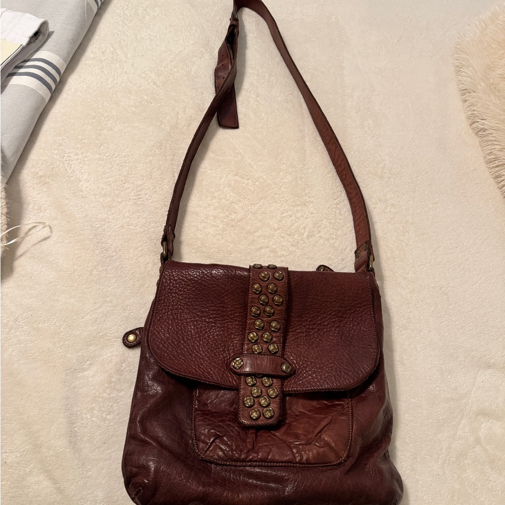 Elegant Brown Leather Crossbody Bag with Studded Detail